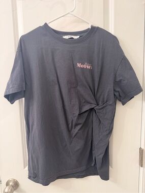 b+ab Meow Cat Graphic Oversized T-Shirt Side Twist Knot Gray Size S
